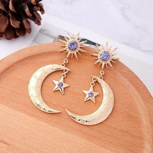 New 18K Gold Plated Brass Amethyst Sun Moon & Star Earrings lol